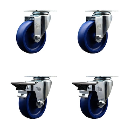 Service Caster 4'' Solid Poly Wheel Swivel Top Plate Caster Set with 2 Posi Brakes, 4PK SCC-20S414-SPUS-2-PLB-2